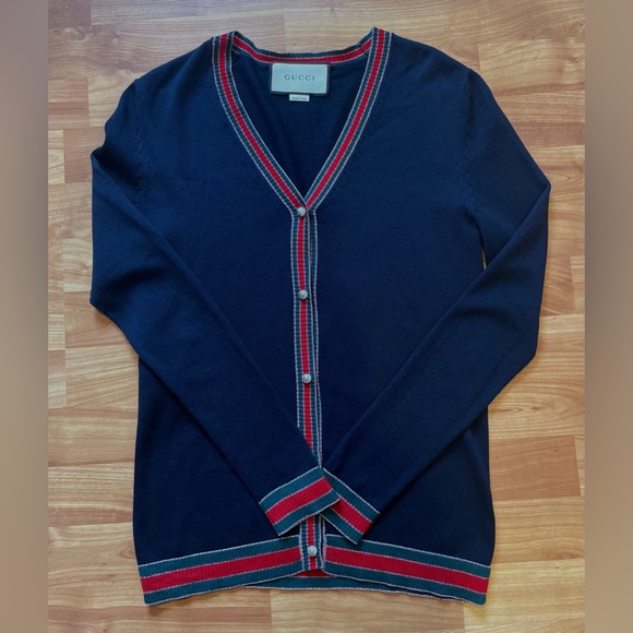 SOLD Gucci Navy Wool Knit Cardigan Size Small - Picture 2 of 10